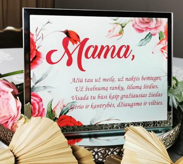 Veidrodinis stiklinis sveikinimas Mamai su laikikliu